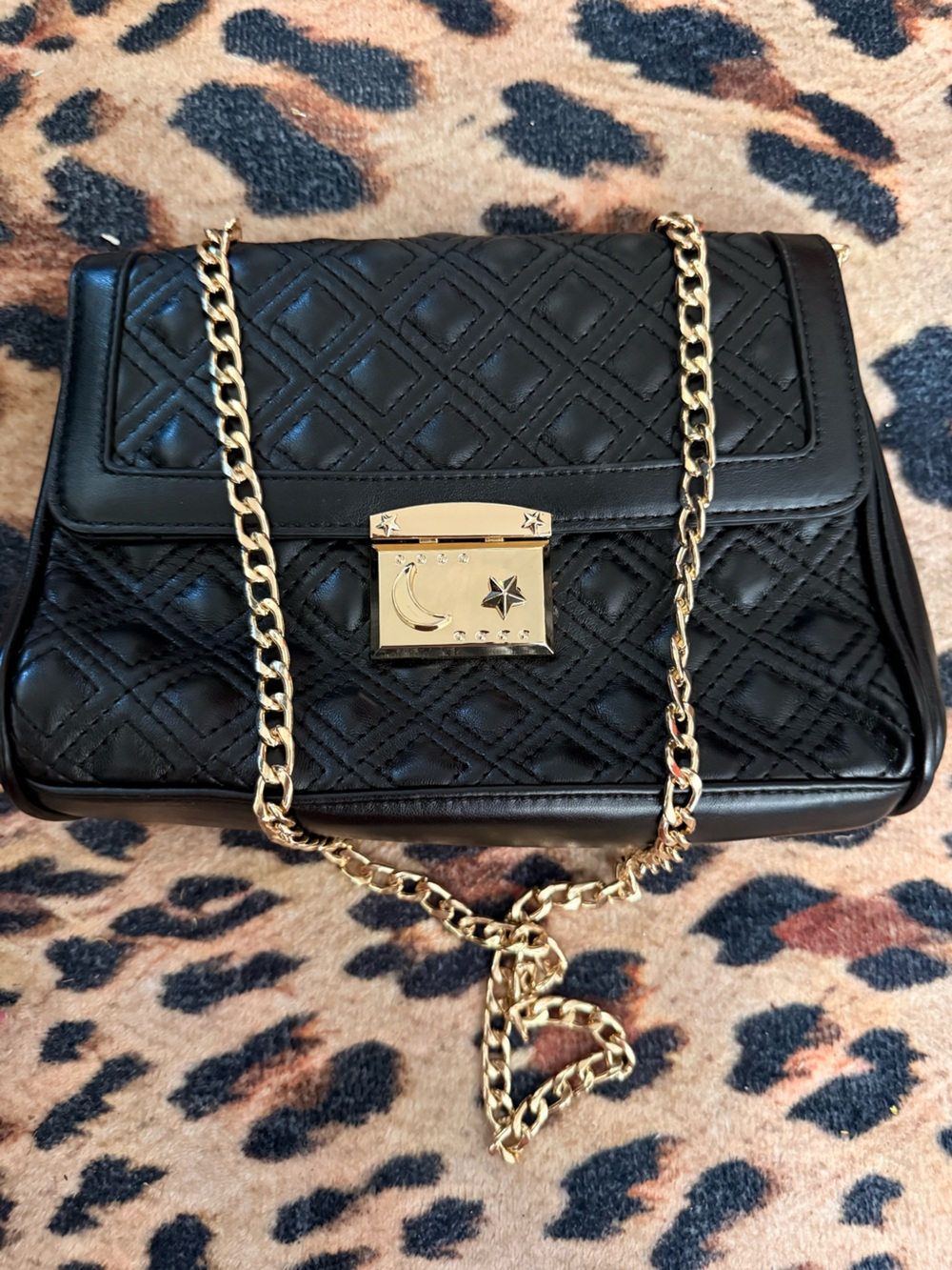 Black Quilted Chain Shoulder Bag with Gold Hardware